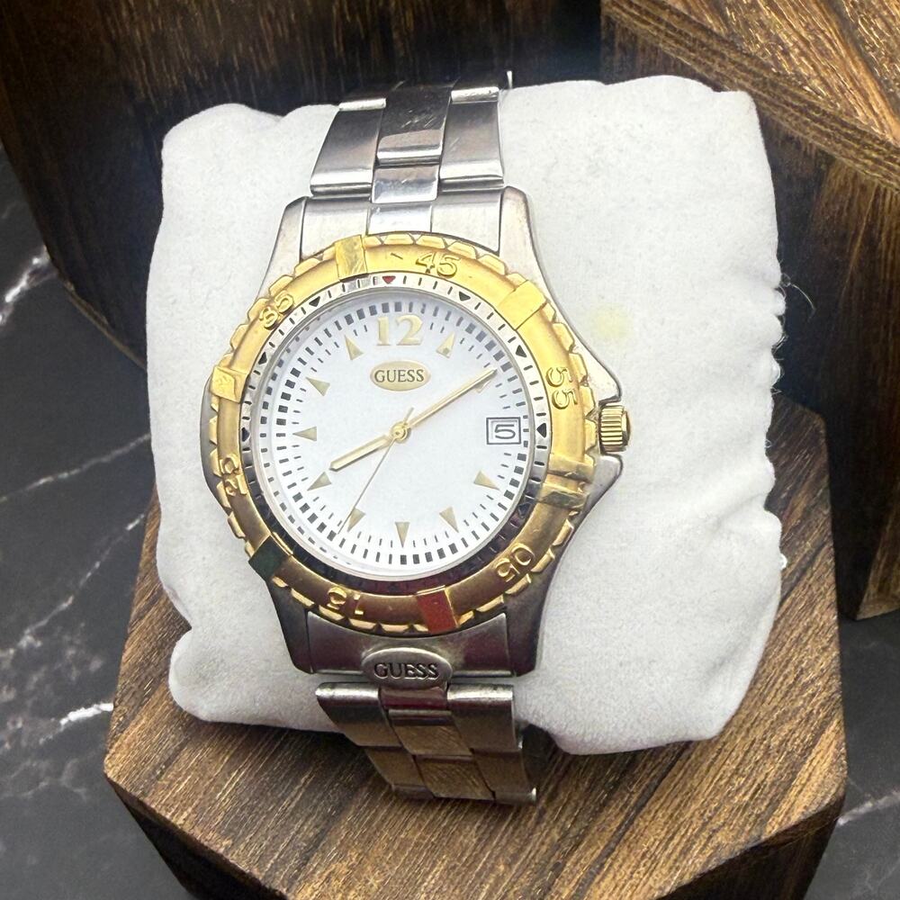 Vintage 1994 GUESS Two Tone Diver Style Date Watch 672 Y2K